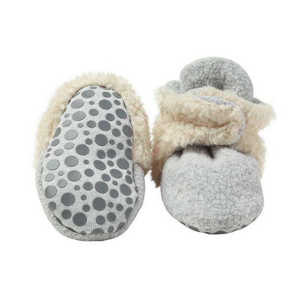 COZIE FLEECE BOOTIE - GRAY HEATHER FURRY LINED W/ GRIPPERS