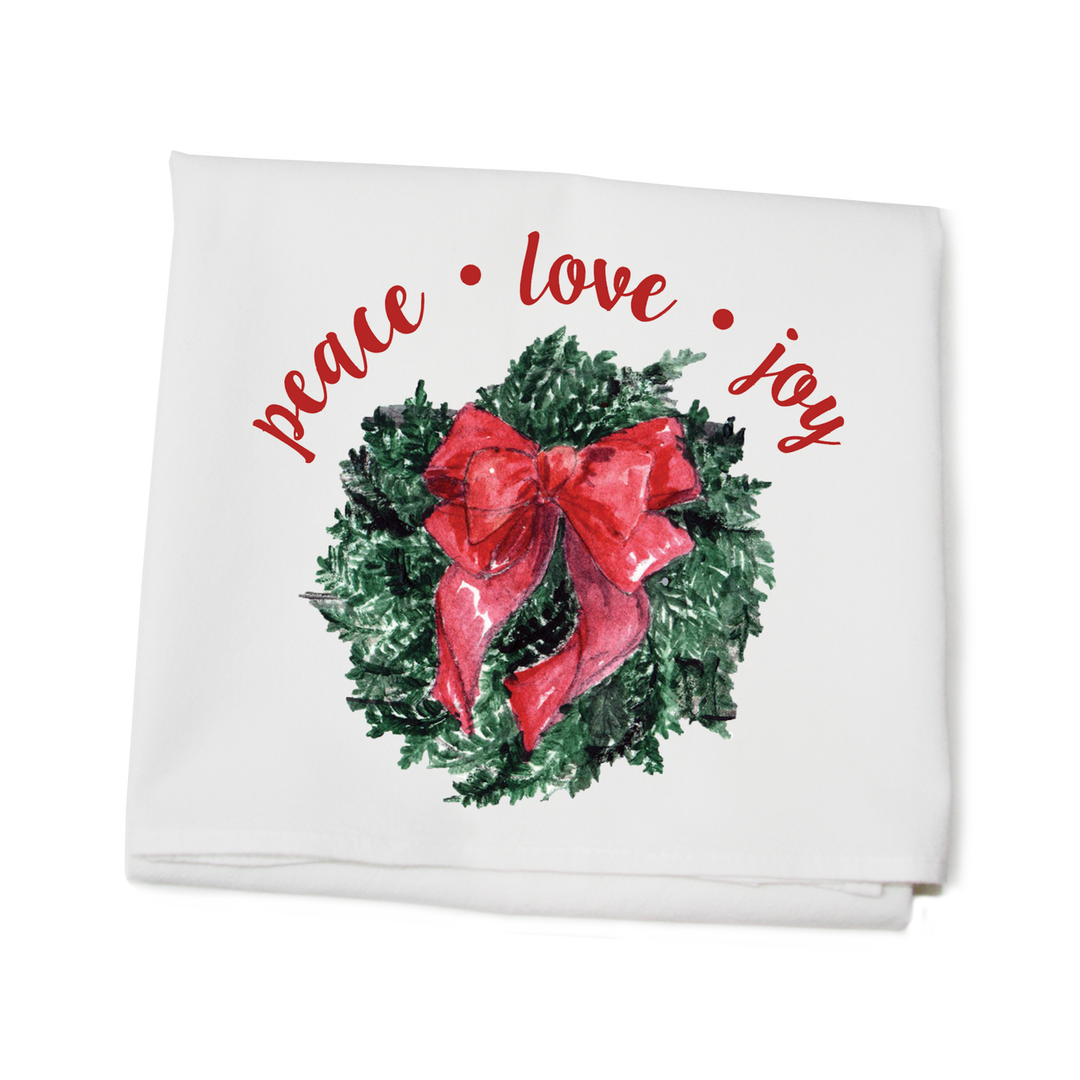 Flour Sack Towel Wreath With Bow Peace Love Joy